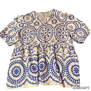 Women's Blouse Boho Chic Blue & White Moroccan Style Beach Size Medium
